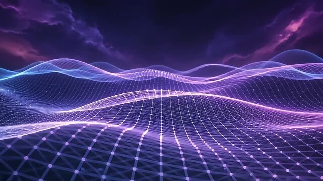 Abstract futuristic neon glowing wireframe waves. Digital landscape terrain with dynamic purple and blue data flow network against a dark cosmic sky, modern tech background