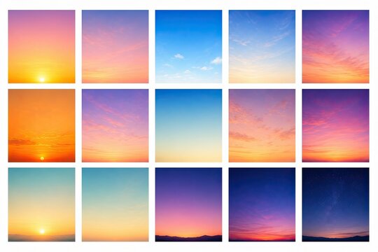 Set of colorful sky backgrounds at different times of day and night