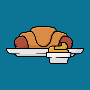 Pig in a blanket on a plate with small bowl of honey and mustard sauce vector illustration for Pig-in-a-blanket-Day on April 24