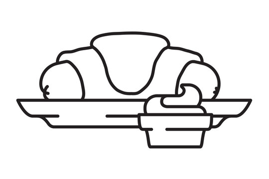 Pig in a blanket on a plate with small bowl of honey and mustard sauce vector line icon for Pig-in-a-blanket-Day on April 24