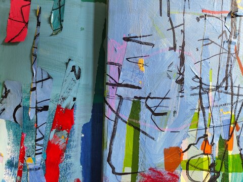 Torn Paper Collage Abstract Painting Blue Teal Texture Detail