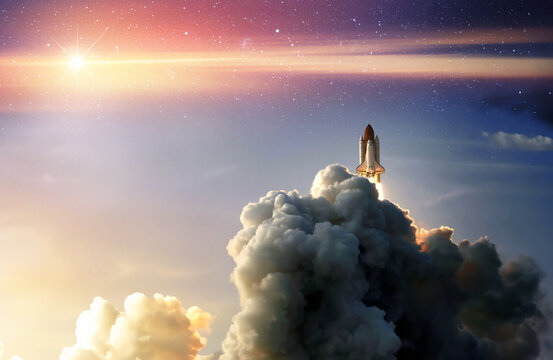 The spaceship takes off into the starry sky. A rocket is launched into space. Concept space background. Elements of this image furnished by NASA.