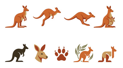 Obraz premium Set of Stylized Kangaroo Vector Illustrations Featuring Various Poses and Designs for Wildlife Themed Graphic Projects and Branding