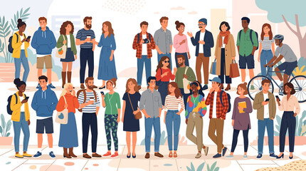 Fototapeta premium Diverse group of young people standing together outdoors in a vibrant urban environment showcasing community connection and modern lifestyle