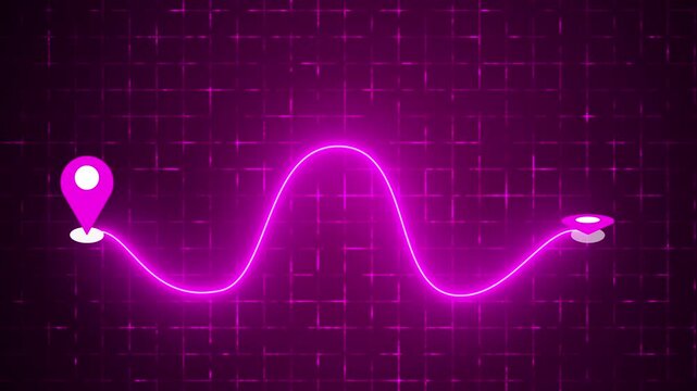 4K Neon Wave Route with Map Pin on a grid background. Glowing Wave GPS navigation route for delivery services, Online shops, UI, Buying process, and Business Marketing.