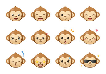 Naklejka premium Monkey Emoji Expression Set – 3D Cartoon Animal Face Collection