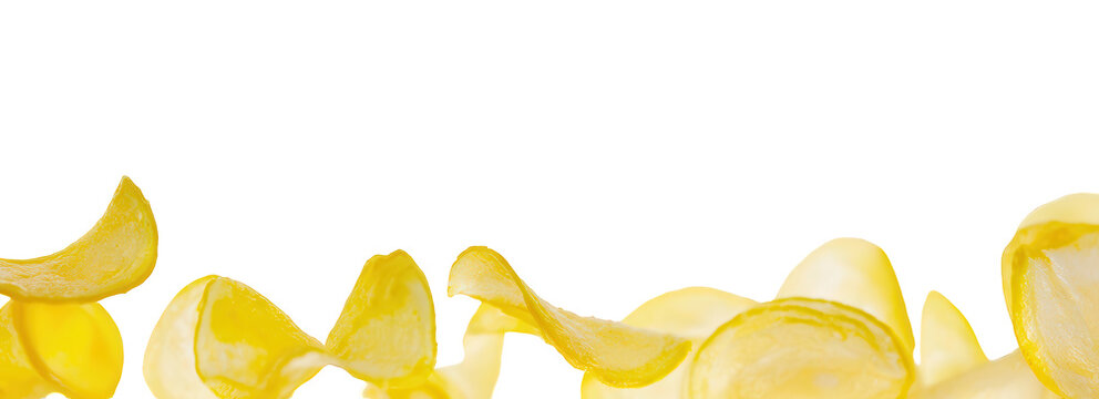 Crispy salted potato chips isolated on white background for food advertising