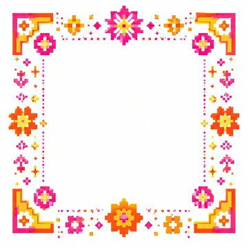 Colorful pixel art floral square frame with decorative flower pattern