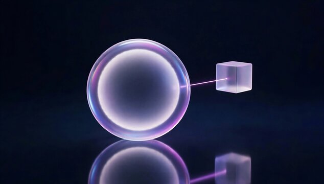 Glowing sphere linked to cube on dark background, symbolizing software development outsourcing, remote collaboration, and digital technology exchange.