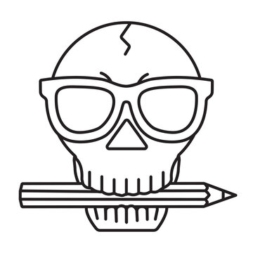 Cartoon human skull wearing sunglasses with pencil in jaw vector line icon for World Design Day on April 27