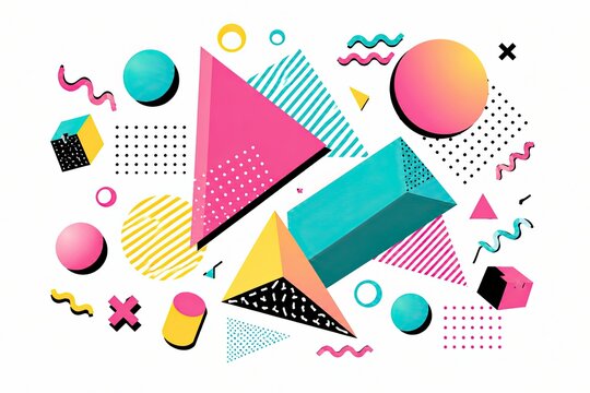 Abstract geometric shapes and patterns in a modern colorful memphis style