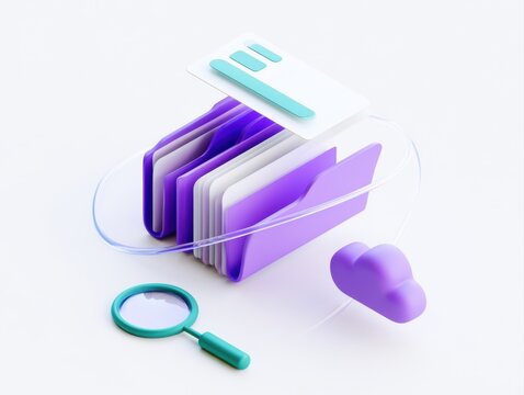 3D render icon of purple cloud storage folder system with credit card document magnifying glass search tool isolated on clean white background data organization and security management concept