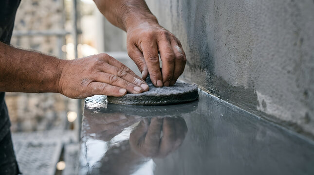 Worker smoothing wet concrete on a newly poured foundation surface with a hand float.