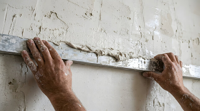 Mason leveling fresh plaster on a wall surface using a long aluminum straight edge tool.