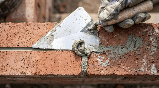 Trowel spreads gray mortar neatly across red clay bricks during professional masonry construction work.