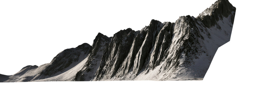Panoramic view of a jagged snow-dusted mountain ridge isolated on a white background