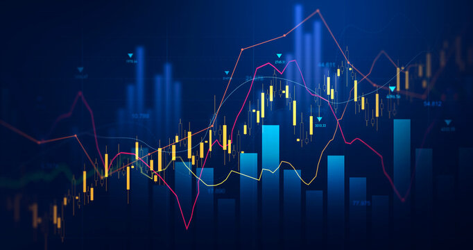 Business financial chart with moving up arrow graph.Financial data charts with glowing stock market graphs.Stock market investment data and analysis finance graph.	
