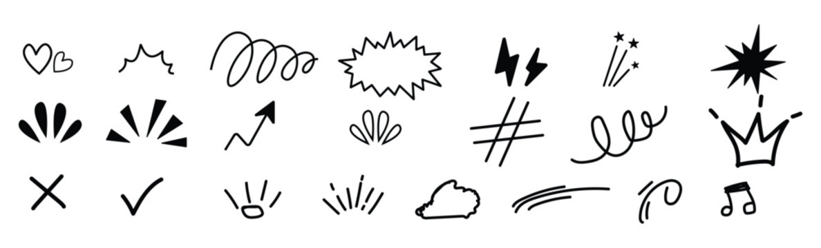 Effect comic line icon set. Hand drawn comic effect line with heart star arrow sketch mark movement. Angry manga question scribble emoji emotion sparkle emphasis doodle. Vector illustration
