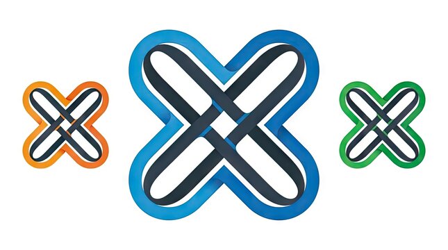 Abstract blue X logo with green and orange icons.