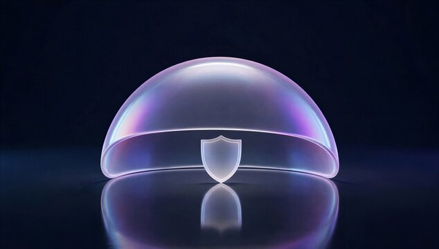 Glowing shield inside a glass sphere on dark background, symbolizing cybersecurity insurance, digital defense, breach protection and risk coverage.