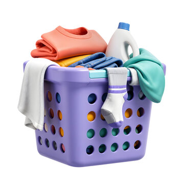 Back to School Season Peak laundry basket filled with colorful garments and detergent bottle.