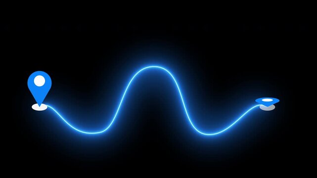 4K Neon Wave Route with Map Pin on a black background. Glowing Wave GPS navigation route for delivery services, Online shops, UI, Buying process, and Business Marketing.

