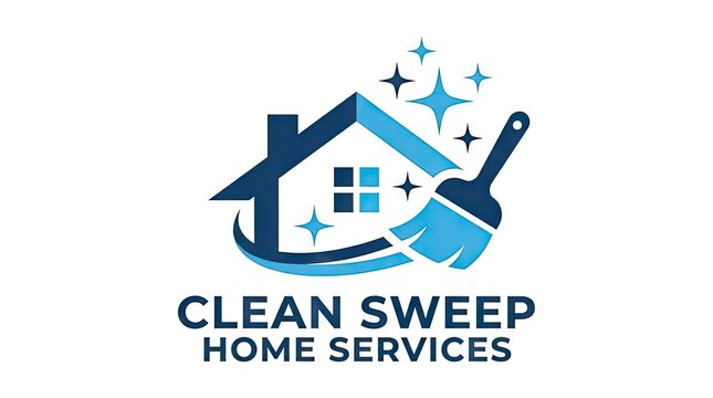 Blue house cleaning logo with broom and sparkles.