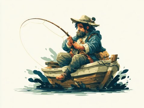 Cartoon fisherman fishing from wooden boat