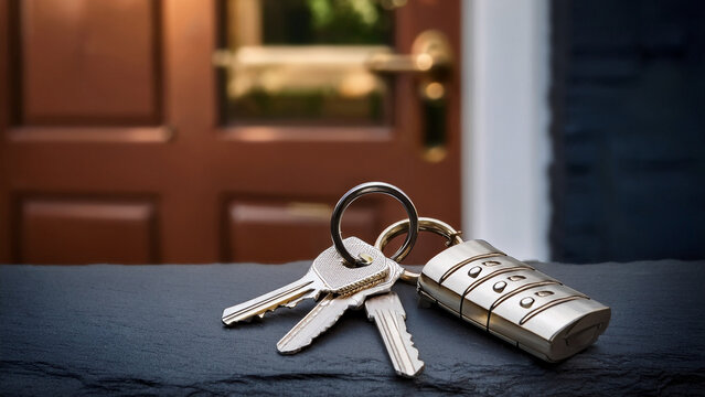 Brass keys and lock cylinder with blurred modern front door background banner.