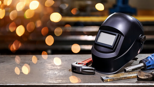 Welding helmet on steel table with blurred workshop background banner.