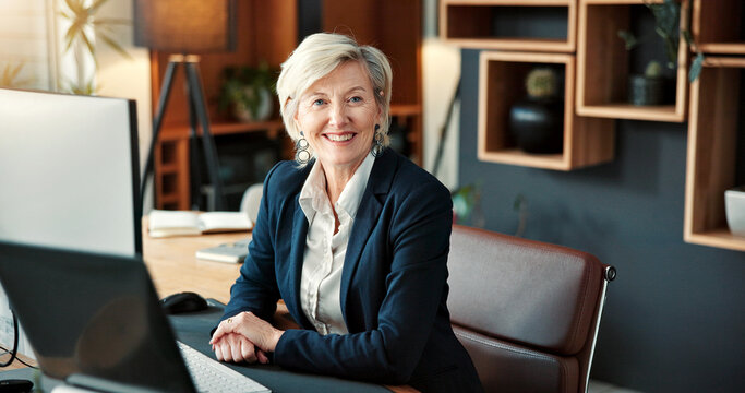 Happy, business and woman in office with computer, research and legal evidence for court case. Portrait, mature person and lawyer in workplace with pc, witness statement and investigation for justice
