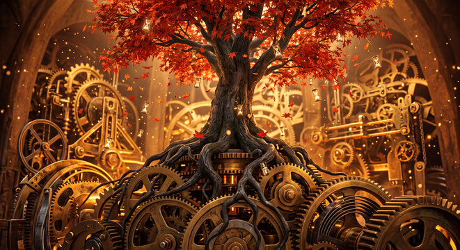 Giant Red Maple Tree Growing from Intricate Golden Clockwork Mechanism with Glowing Hourglass Leaves