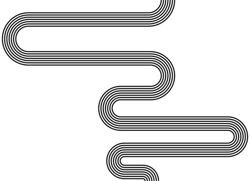 Vector pattern of black parallel lines on a white background. Sports design element in retro style. Tape with turns. Abstract Road. Place for text. Vector background for covers, advertising, packaging