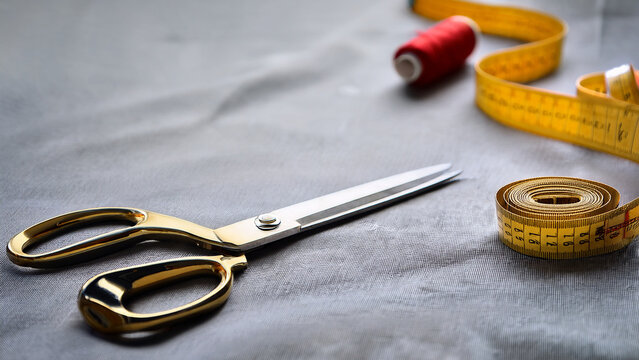 Tailor scissors and measuring tape with blurred atelier background banner.