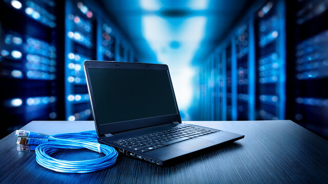 Modern laptop and network cable with blurred server room background banner.