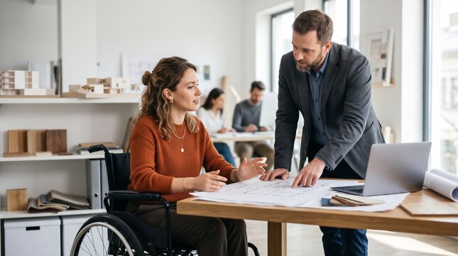 Young wheelchair user reviewing accessible building plans with an architect, inclusive architecture and universal design concept