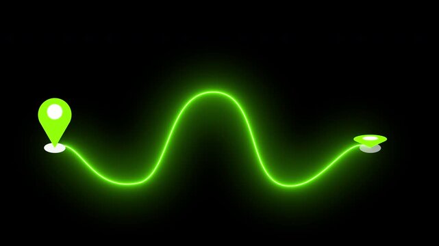 4K Neon Wave Route with Map Pin on a black background. Glowing Wave GPS navigation route for delivery services, Online shops, UI, Buying process, and Business Marketing.
