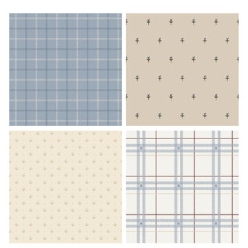 Blue Cottage Plaid and Botanical Seamless Pattern Set