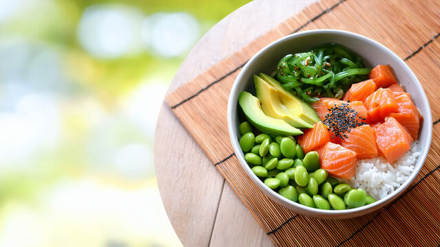 Fresh salmon poke bowl with avocado and blurred tropical cafe background banner.