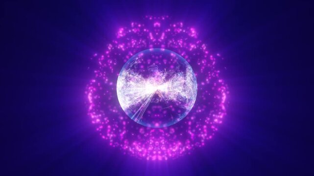 Transparent violet energy orb filled with luminous cosmic clouds and surrounded by radiant magenta particles.