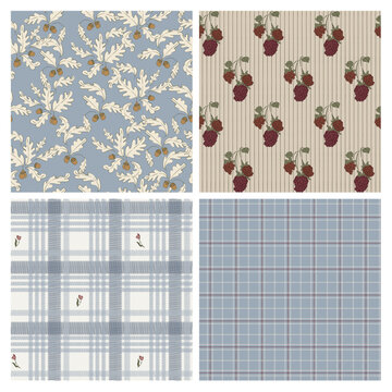 Blue Cottage Plaid and Botanical Seamless Pattern Set