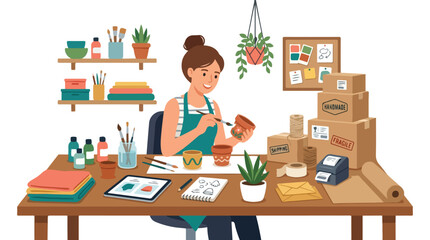 Fototapeta premium A woman sits at a wooden desk painting terracotta pots in a cozy, creative home studio surrounded by craft supplies.