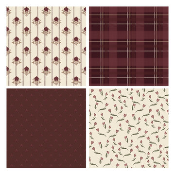 Heritage Floral Stripe Plaid and Tulip Seamless Pattern Set