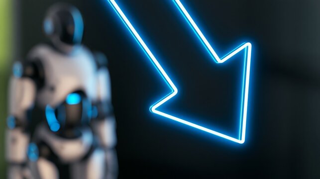 Humanoid robot beside a glowing downward arrow, conceptual image of robotics market decline, investment risk and technology bubble for finance and business content