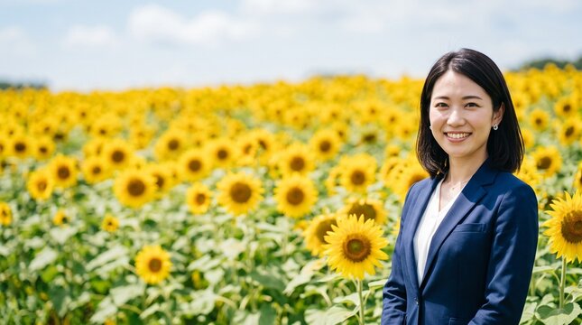 プロフィール写真をイメージした、豊かなひまわり畑を背にして穏やかな笑顔をカメラに向けている知的な印象の20代日本人女性社員のバストアップポートレート