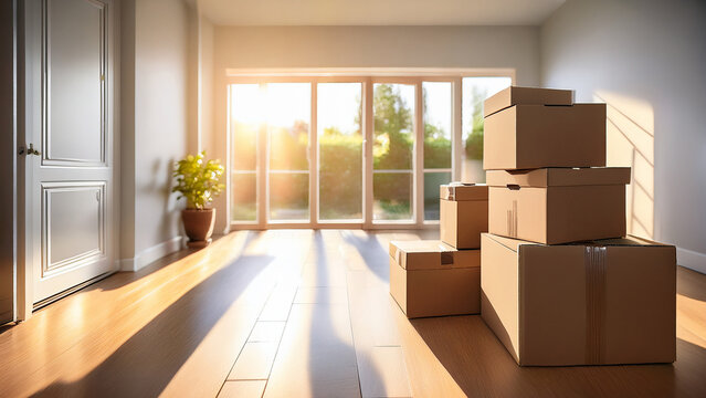 Cardboard moving boxes with blurred empty apartment background banner.