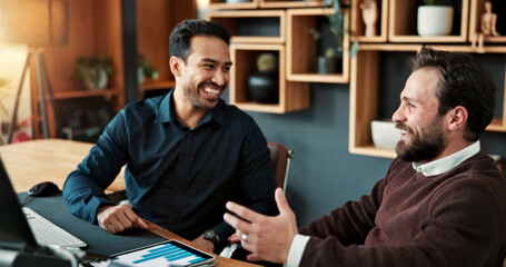 Happy, people and discussion in office with data analysis, connection or partnership for...