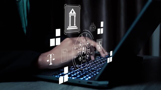 Artificial intelligence law and regulation concept with businessman working on laptop, representing AI policy, ethics, legal risk, responsible technology, and compliance standards.