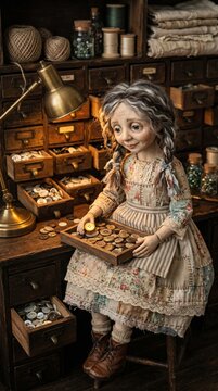 Old lady doll sorts buttons at a vintage wooden craft workbench.