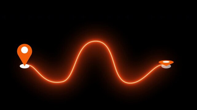 4K Neon Wave Route with Map Pin on a black background. Glowing Wave GPS navigation route for delivery services, Online shops, UI, Buying process, and Business Marketing.
